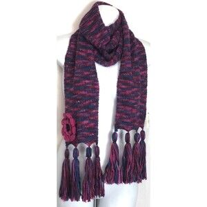 NWT Relatively Knit Scarf Fringe Purple Pink Blue Crochet Flower Preppy Cottage